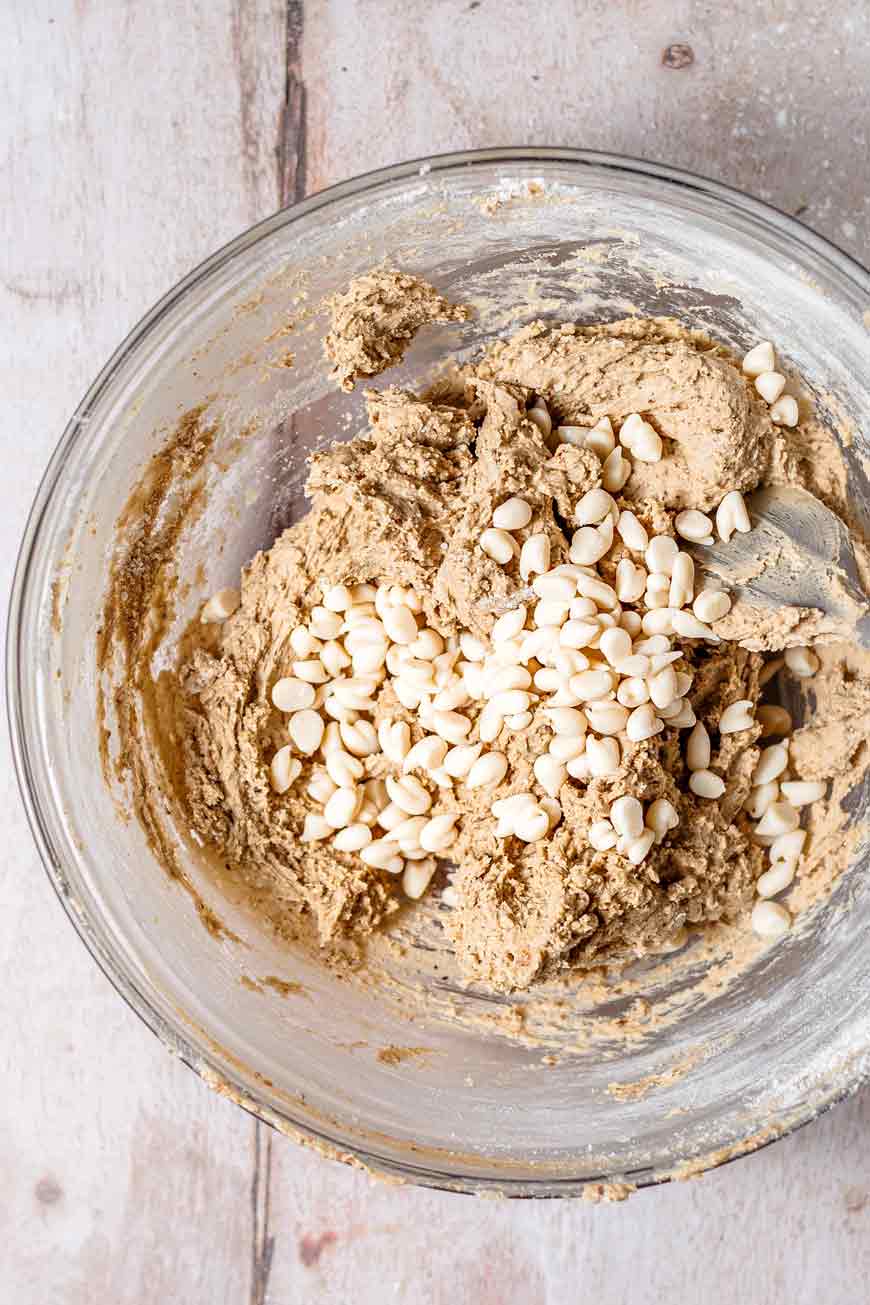 the vegan coffee cookie dough with white chocolate chips on top.