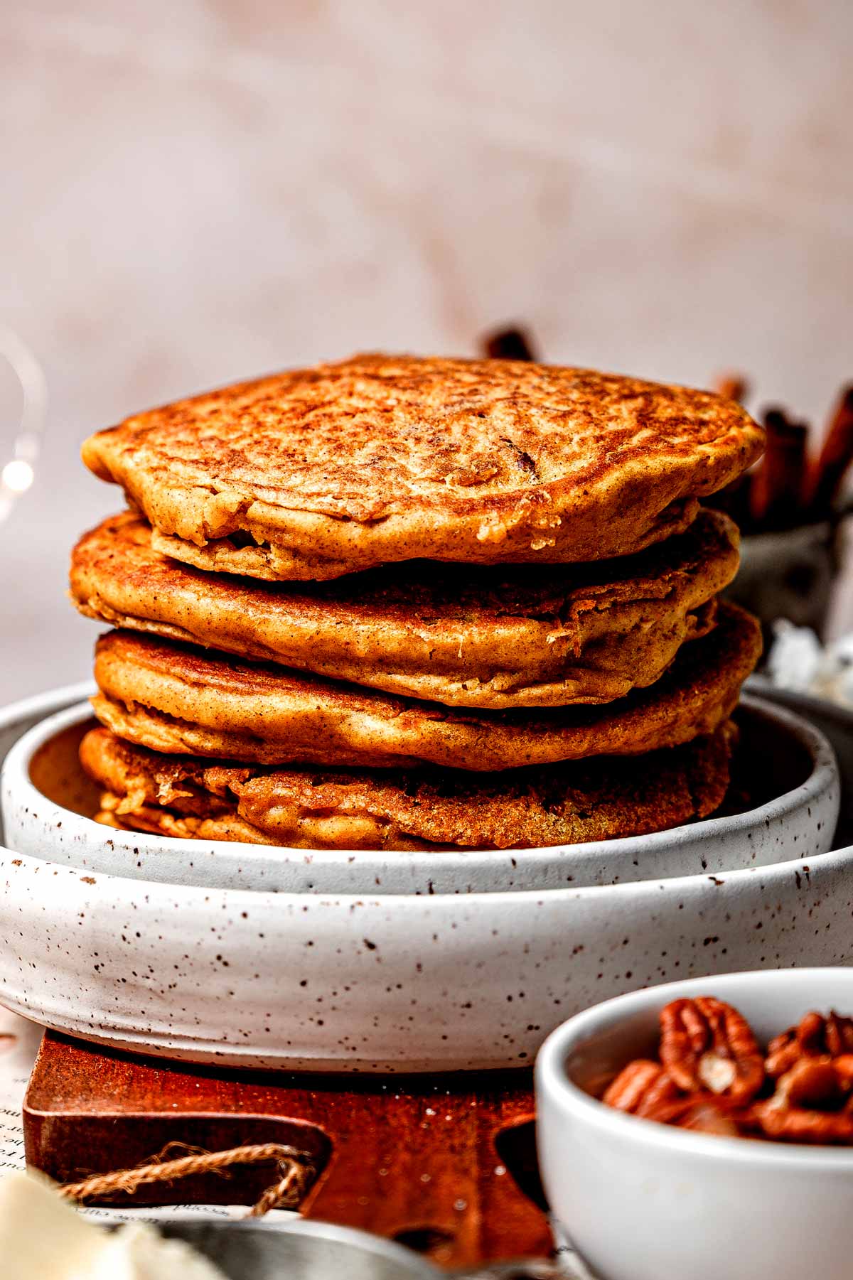 a stack of vegan pumpkin pancakes without toppings.