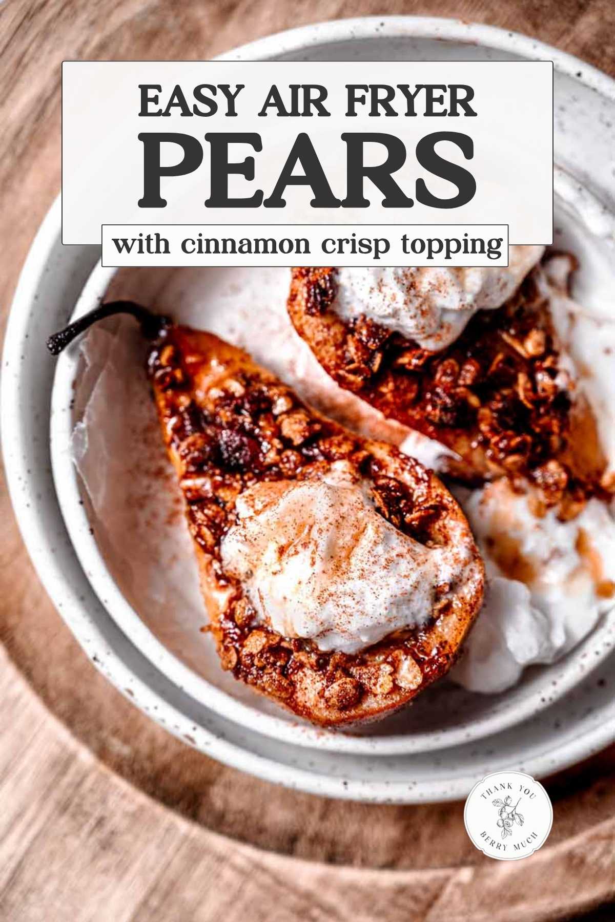 a graphic with the air fried pear and text describing the recipe.