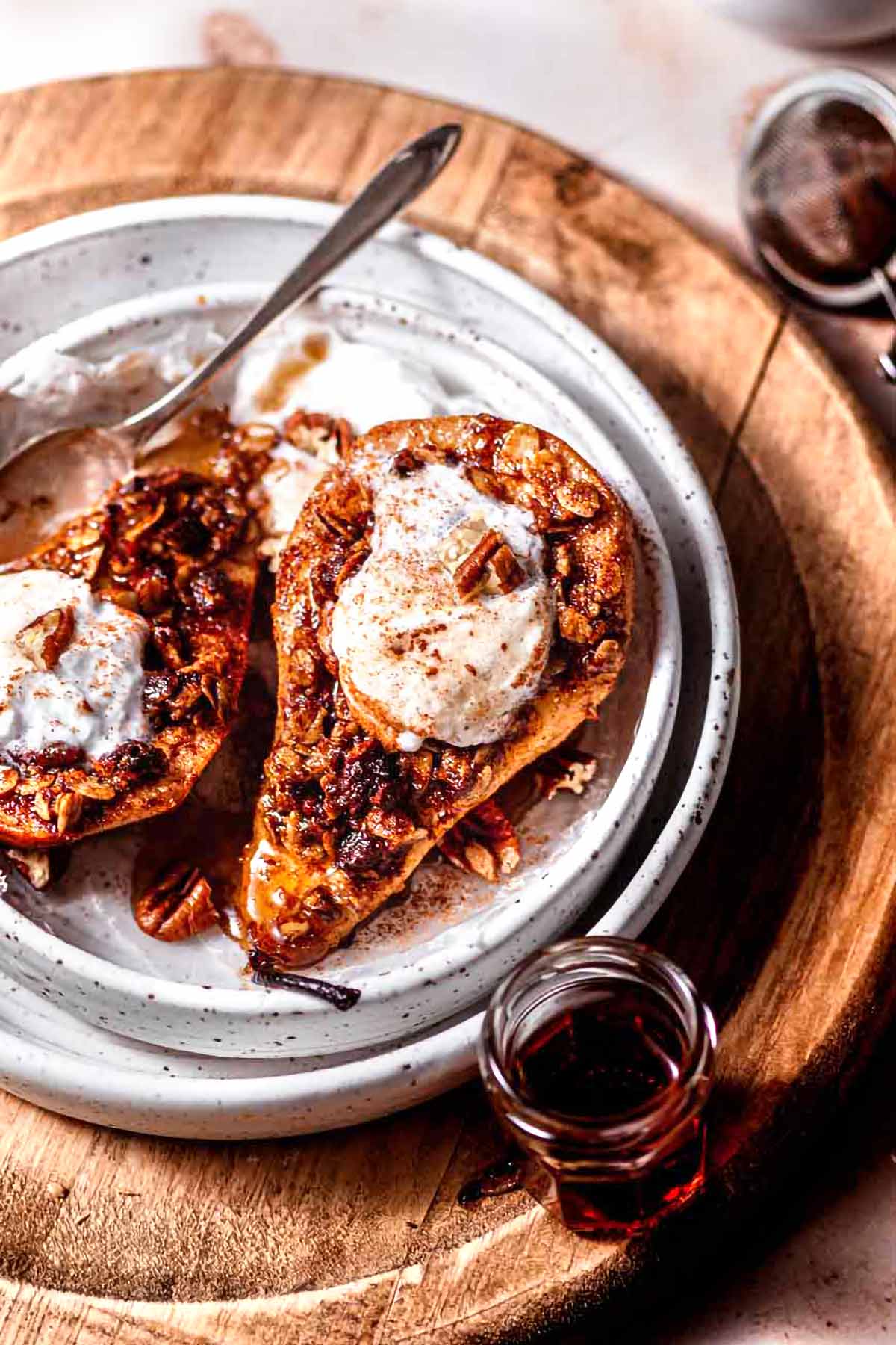 two pear halves that have been air fried with a crisp oat topping.