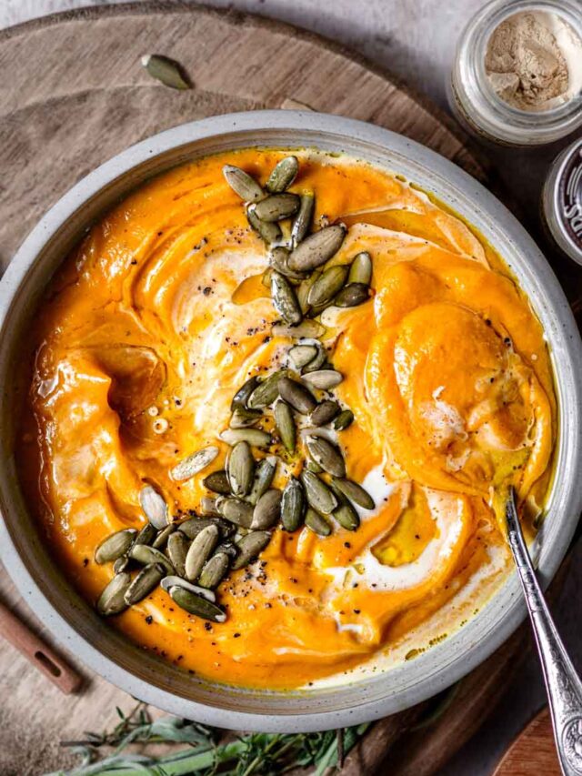 creamy pumpkin carrot and sweet potato soup.