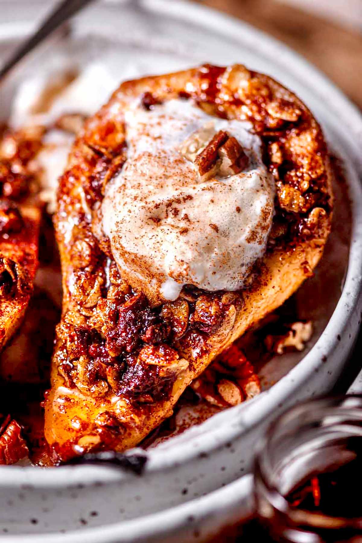 a close up image of the air fried healthy pear with crumble topping.