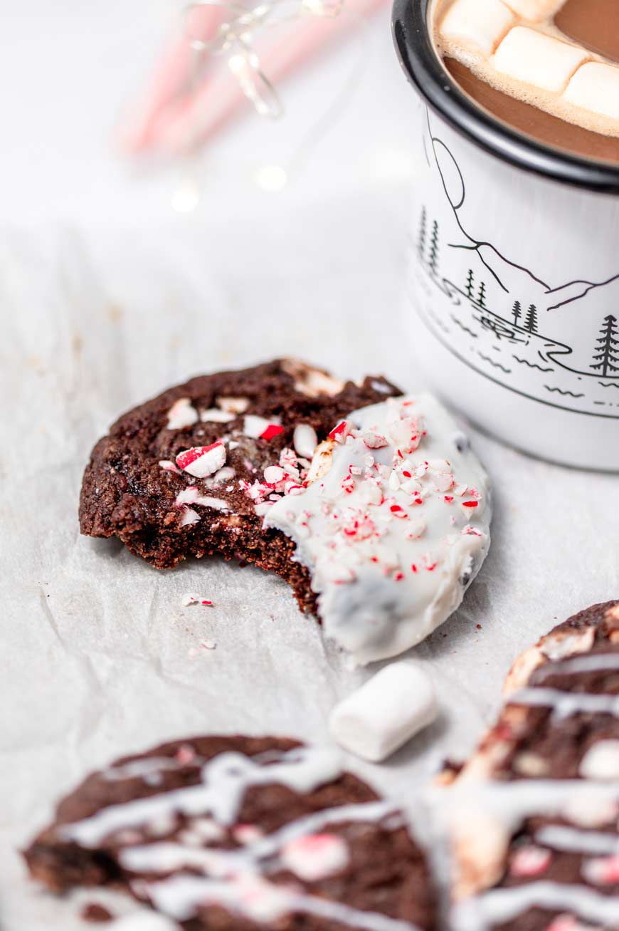 vegan chocolate candy cane cookies with white chocolate.