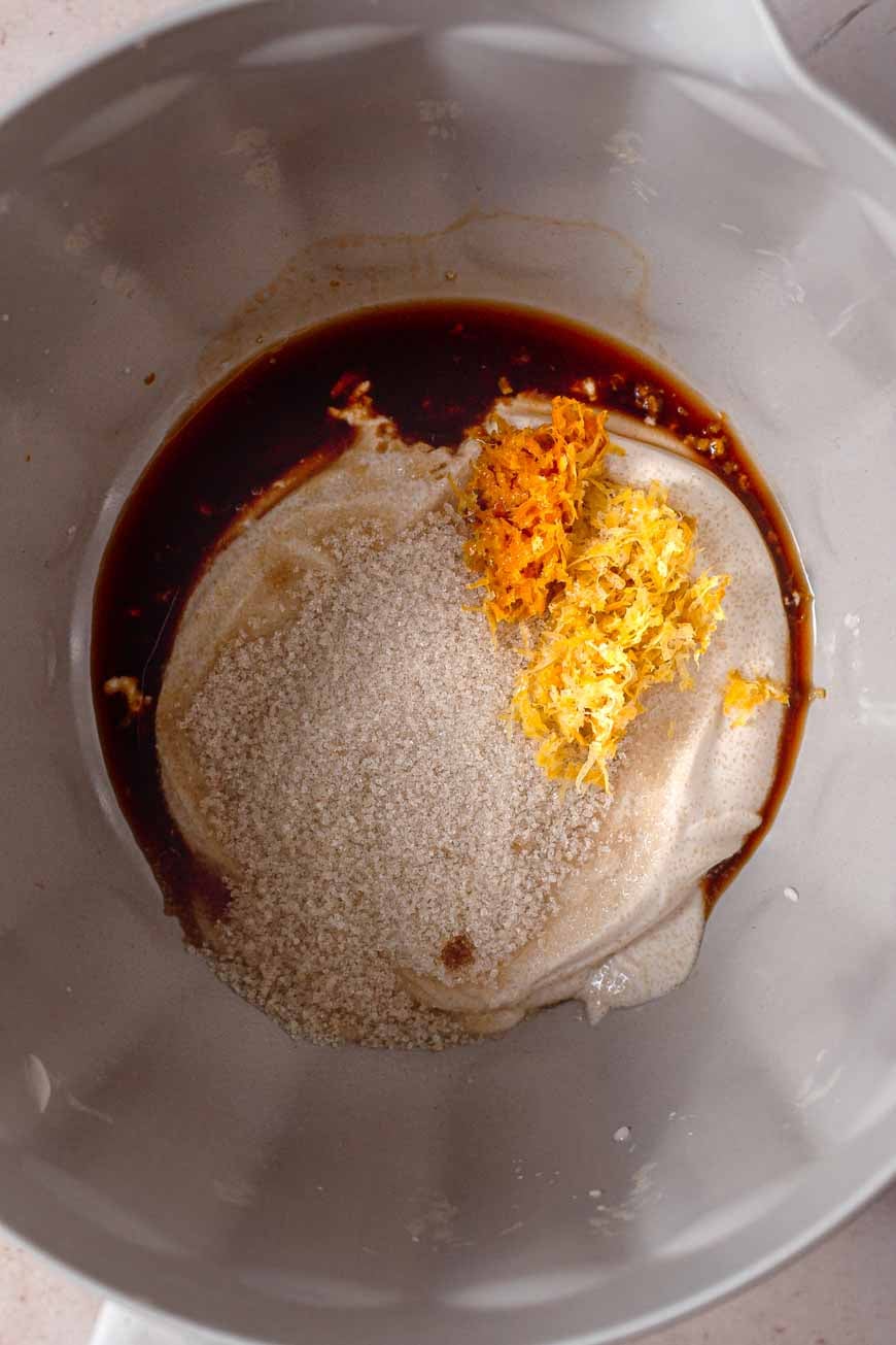 a mixing bowl with wet ingredients.