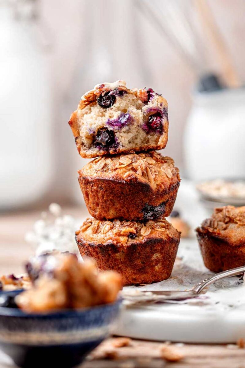Banana Blueberry Oatmeal Muffins with Crumb Topping