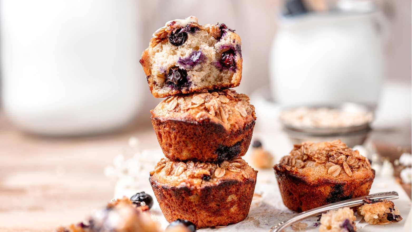 Banana Blueberry Oatmeal Muffins with Crumb Topping