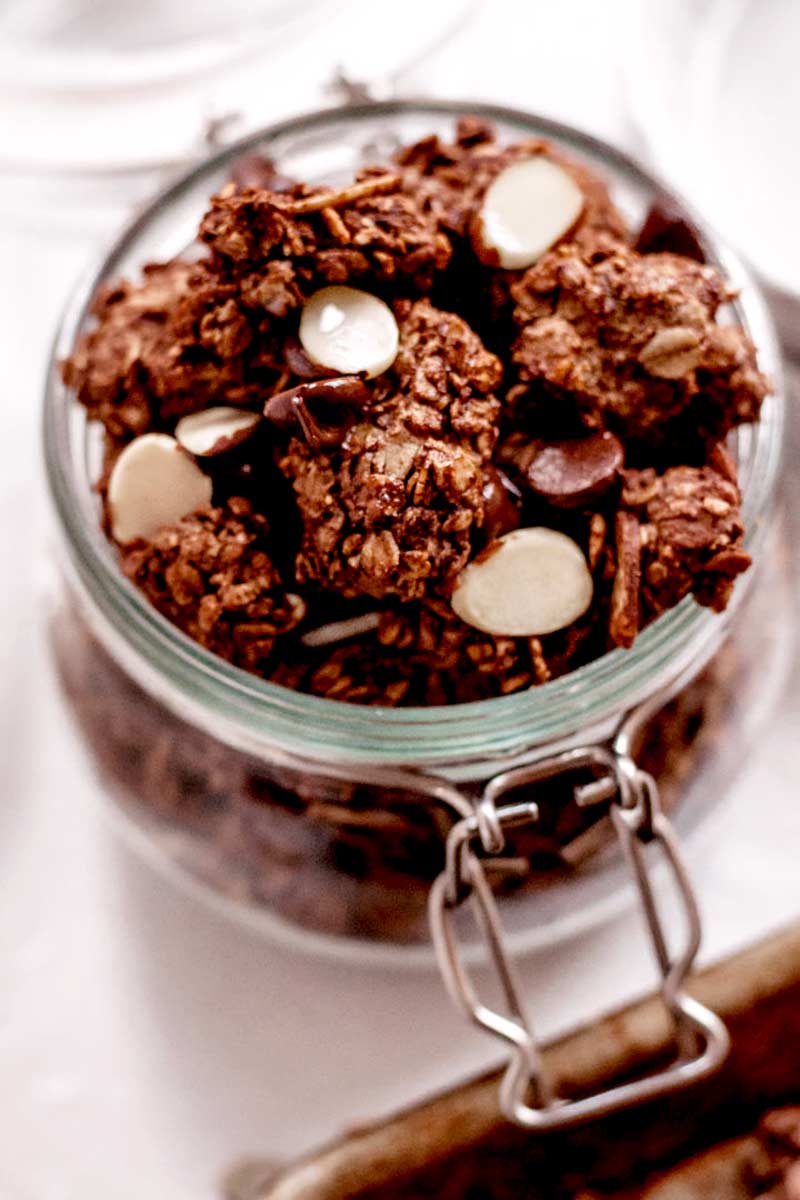 dark chocolate almond butter granola in a jar.