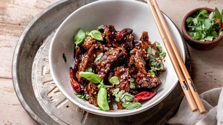 homemade seitan in a white bowl.