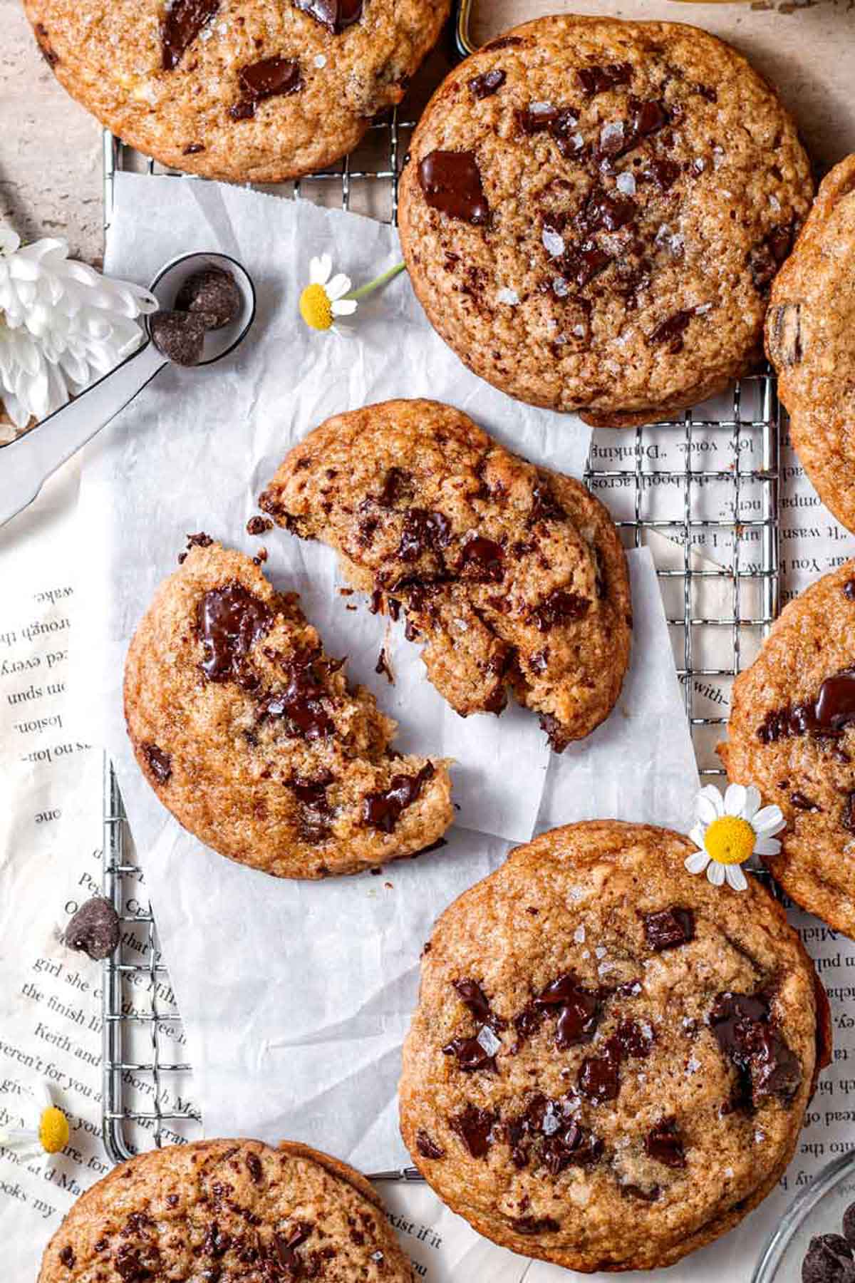 the best vegan banana chocolate chip cookies on a wire rack.