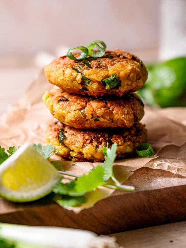 crispy vegan chickpea patties stacked on each other.