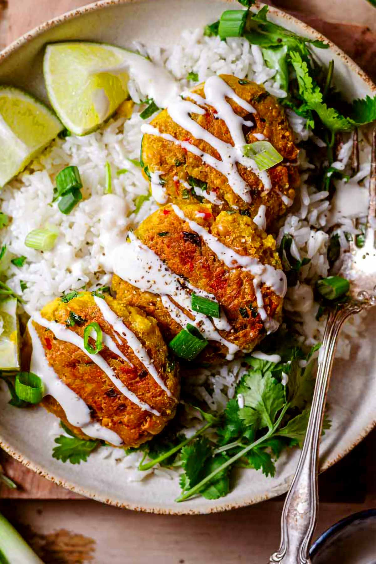 the chickpea patties with lime aioli and rice.