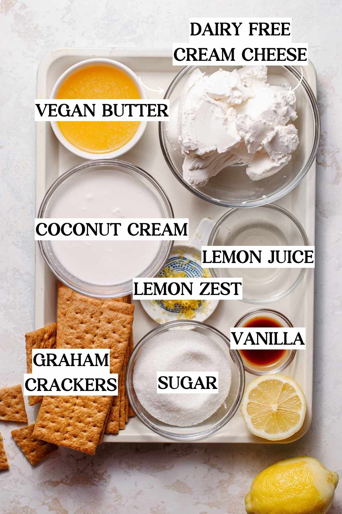ingredients like melted vegan butter, cream cheese, coconut cream and lemon.