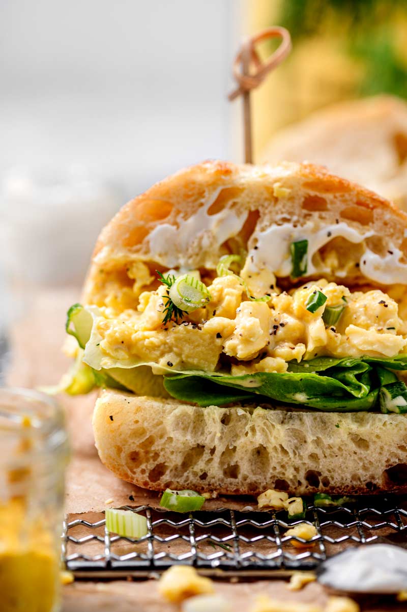 vegan JUST egg salad sandwich with butter lettuce.