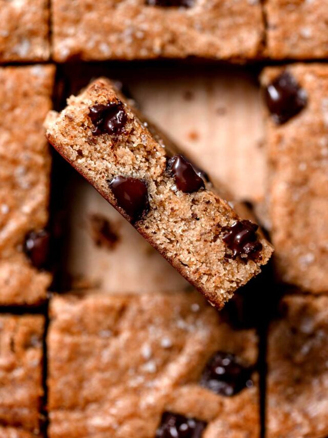 vegan protein blondies with melted chocolate chips.