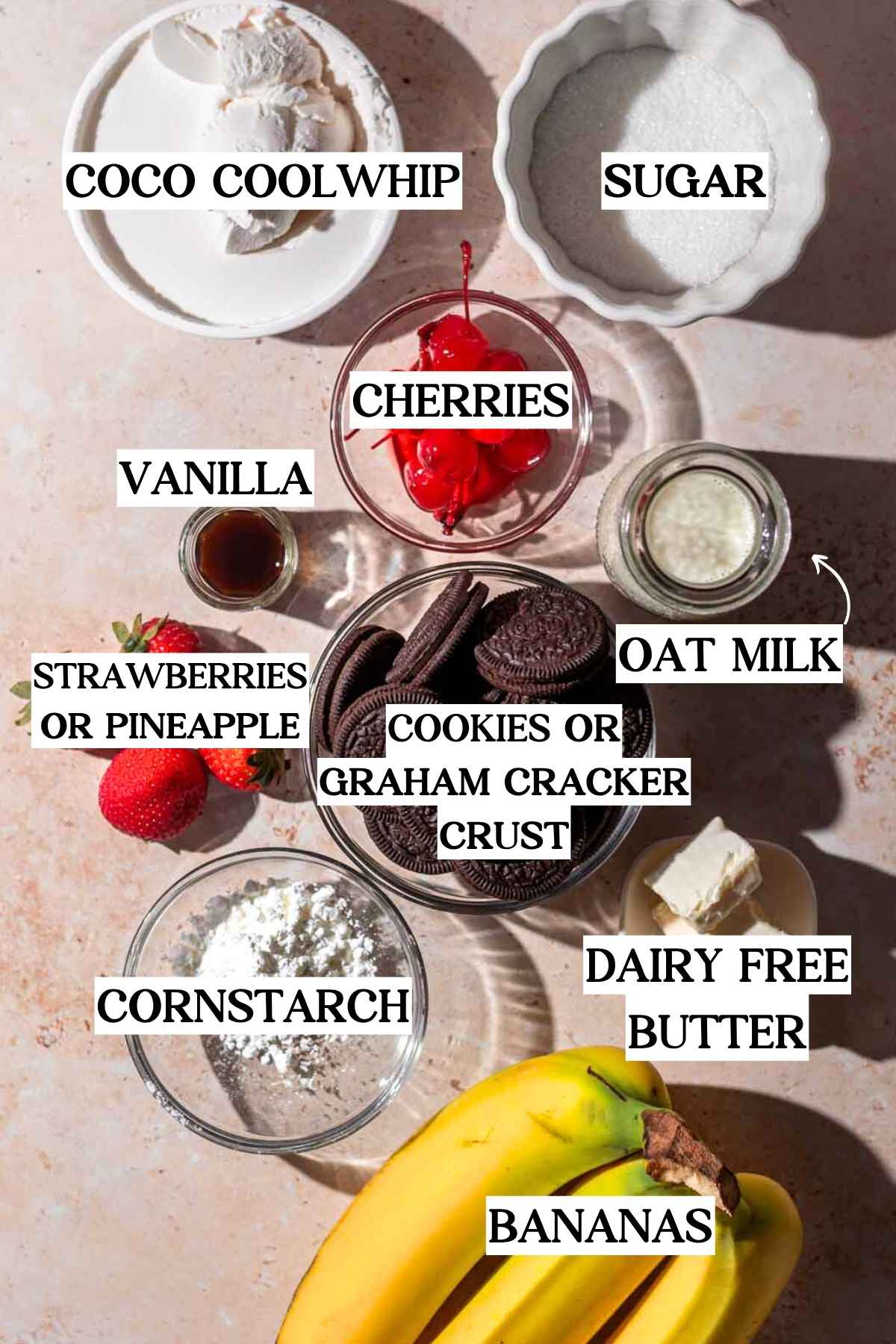 ingredients like bananas, cherries, pudding materials and cool whip.