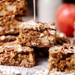apple oatmeal breakfast cake with a drizzle of cinnamon icing.