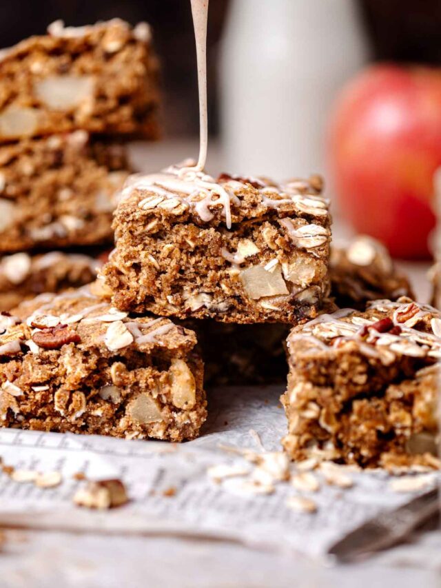 apple oatmeal breakfast cake with a drizzle of cinnamon icing.