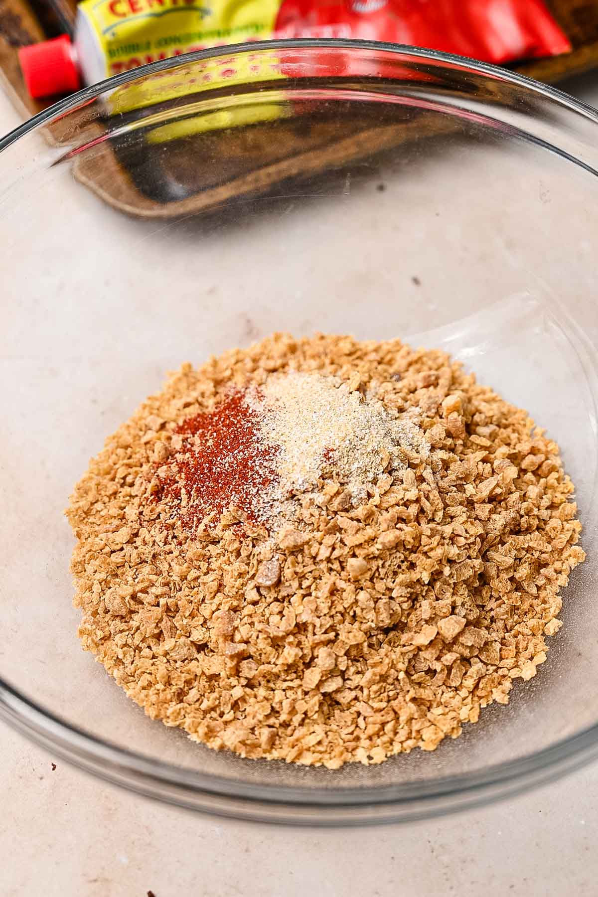 tvp with spices in a glass bowl