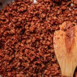 homemade vegan tvp ground beef crumbles in a pan.