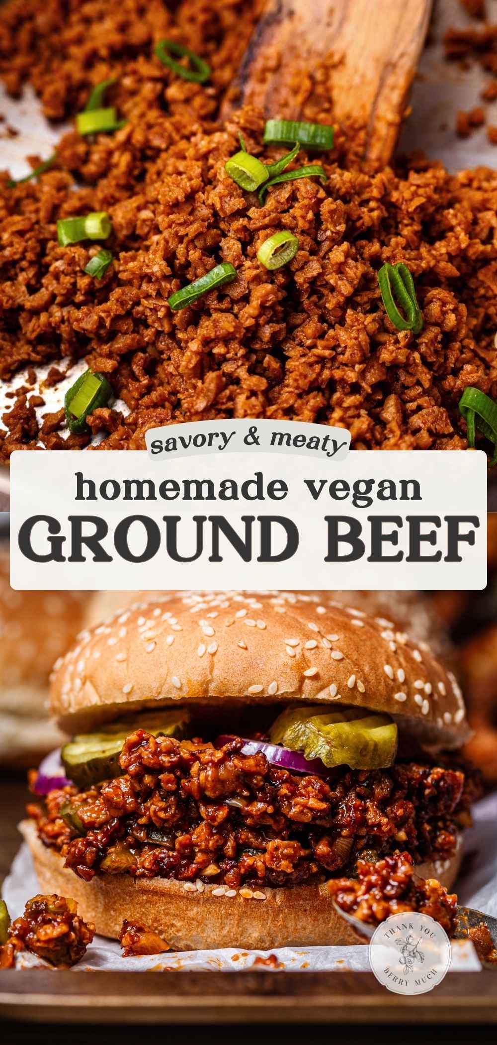 a photo collage of the vegan ground beef crumbles with text overlay.