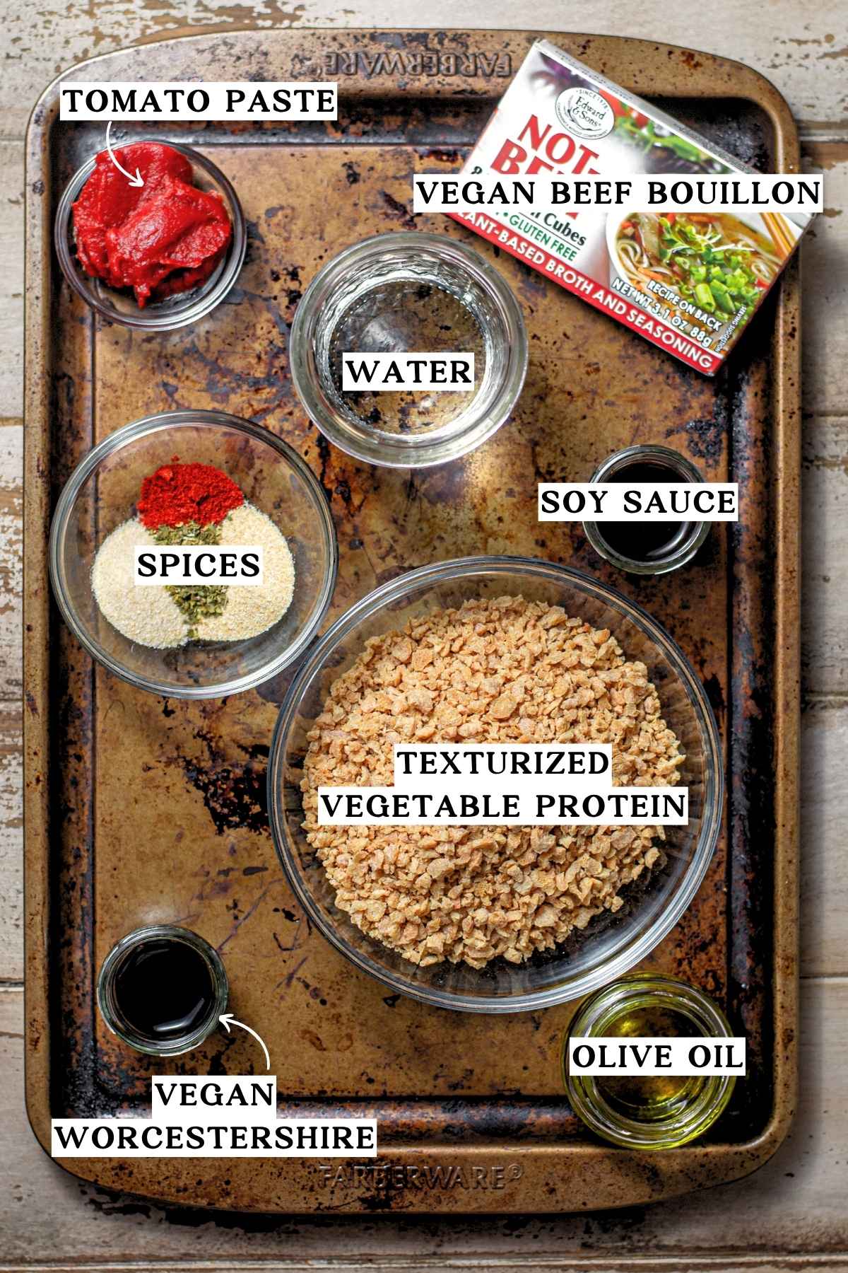 ingredients like texturized vegetable protein, soy sauce, spices and more.