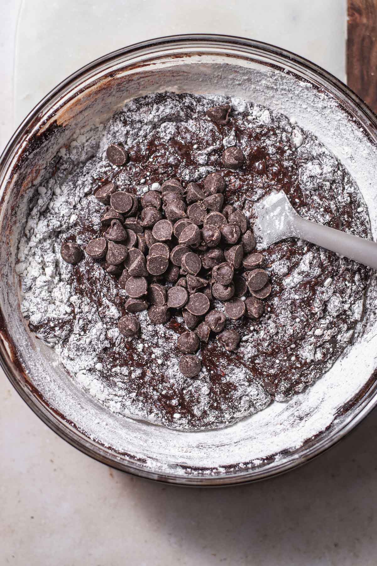 vegan brownie batter with chocolate chips.