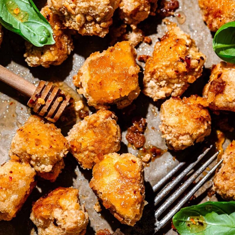 crispy vegan hot honey tofu.