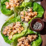 Bang bang tofu served in butter lettuce cups with buckwheat soba noodles.
