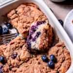 Vegan Blueberry Buckle recipe in a baking dish.