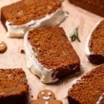 vegan gingerbread banana loaf with cream cheese frosting.