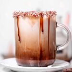 a glass mug filled with an iced peppermint mocha espresso.