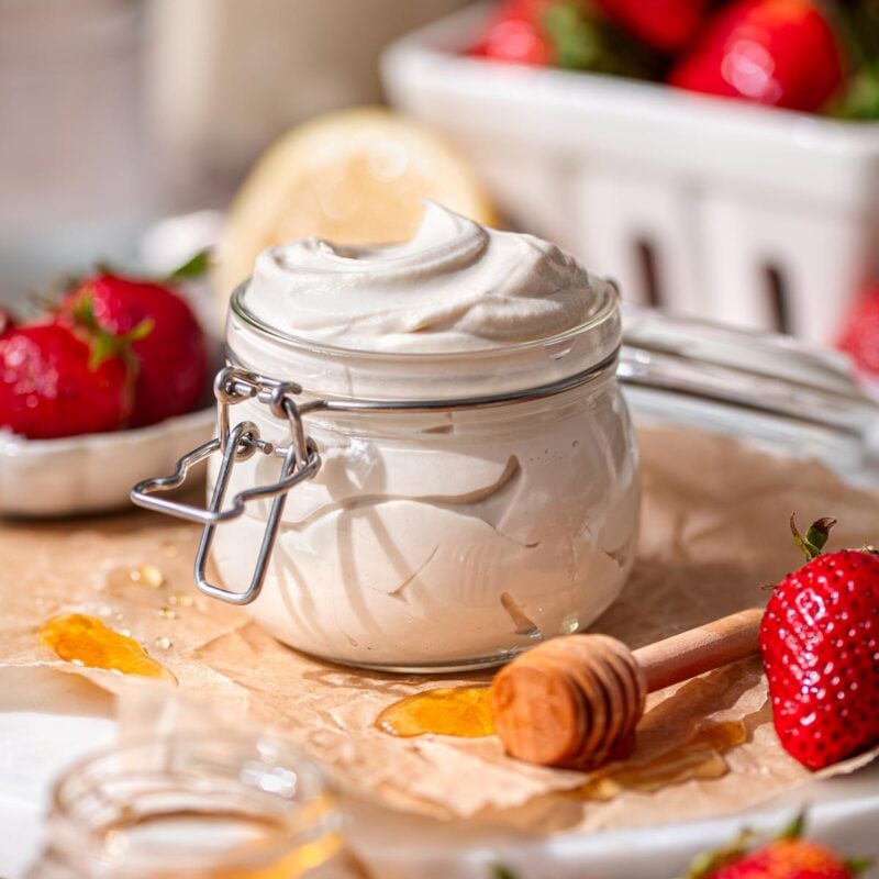 a small jar filled with vegan mascarpone cheese.