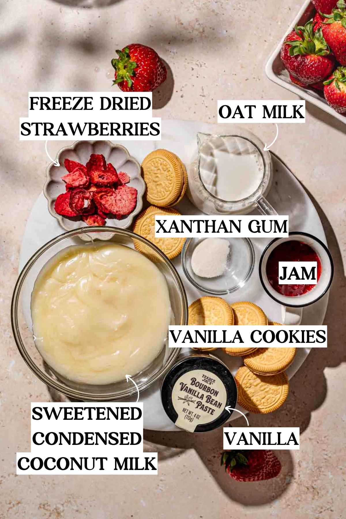 ingredients like freeze dried strawberries, oat milk and coconut milk.