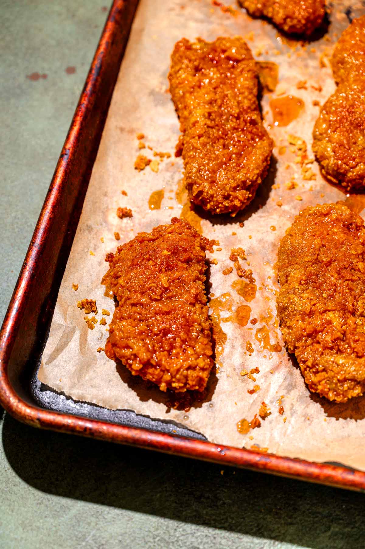 crispy baked vegan chicken wings dipped in buffalo sauce.