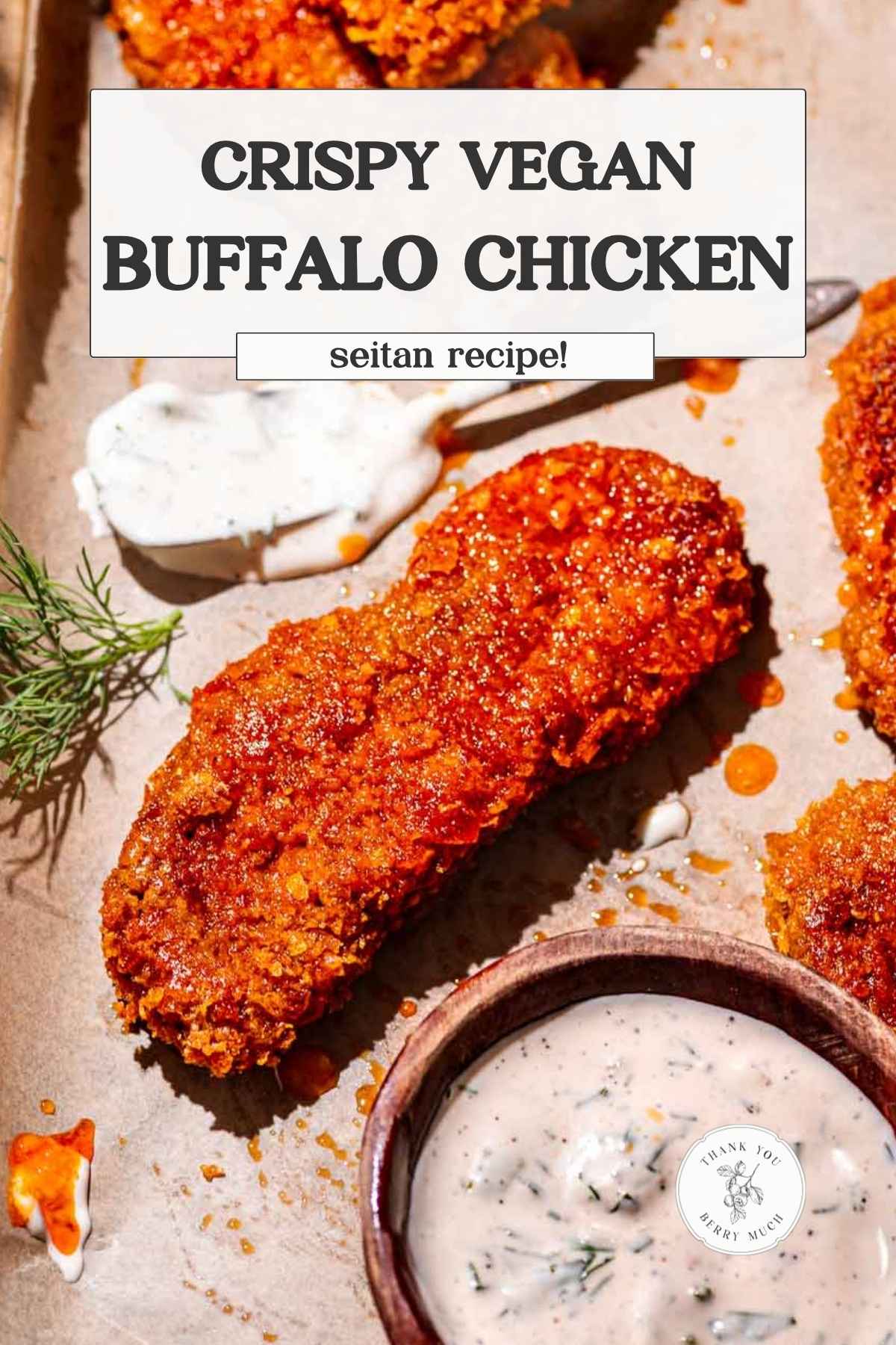 a Pinterest pin for the vegan buffalo chicken recipe.