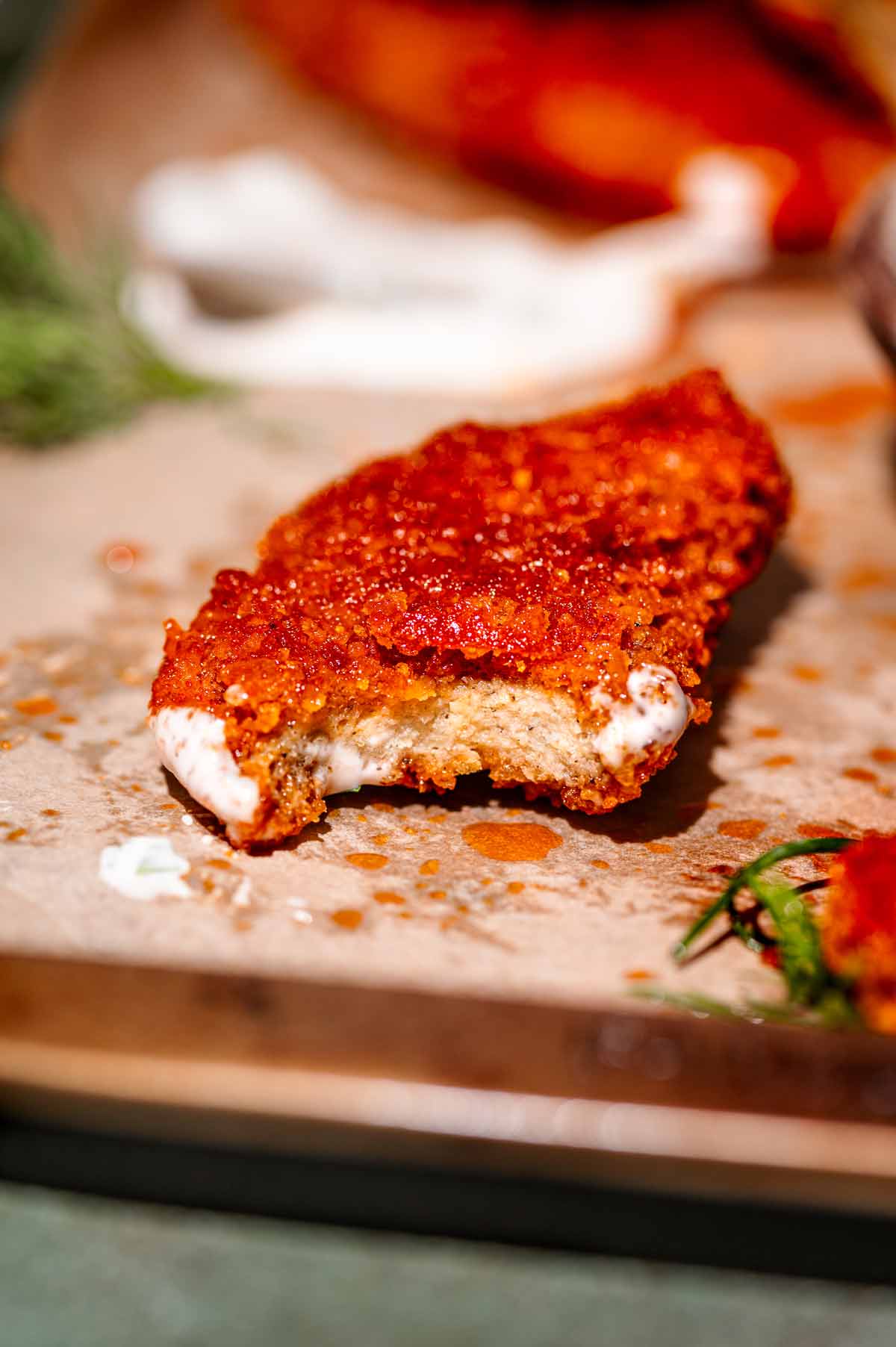 a macro image showing the texture of the vegan buffalo chicken wing made from seitan.