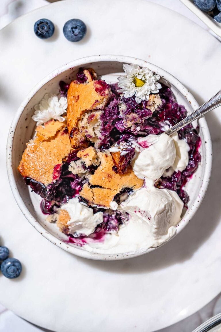 the best vegan blueberry cobbler with dairy-free whipped cream.