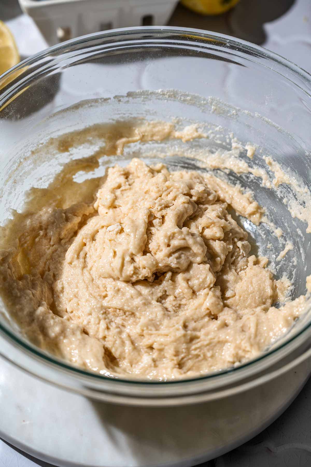 the cobbler batter in a bowl.