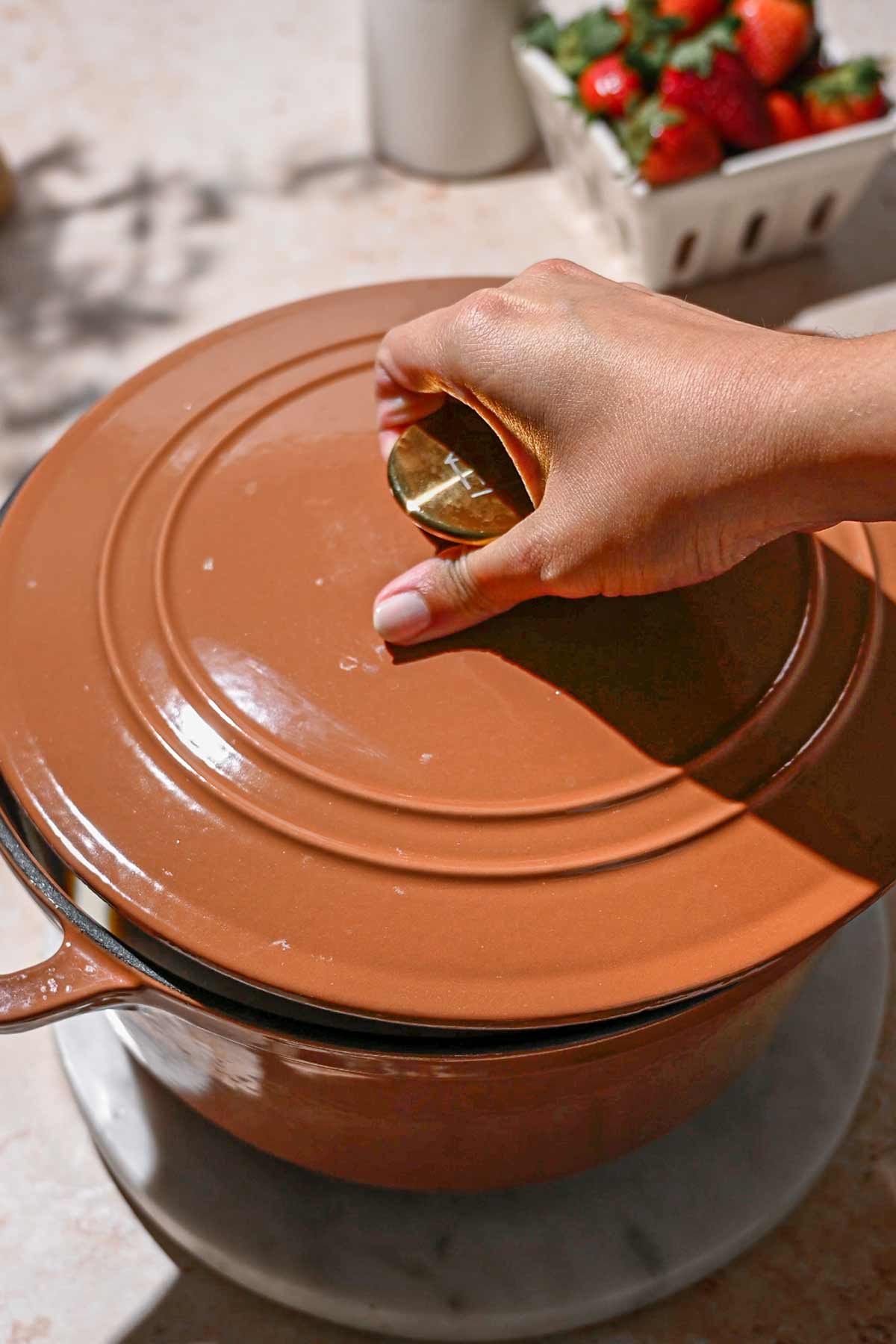 A hand placing a lid on the Dutch oven.