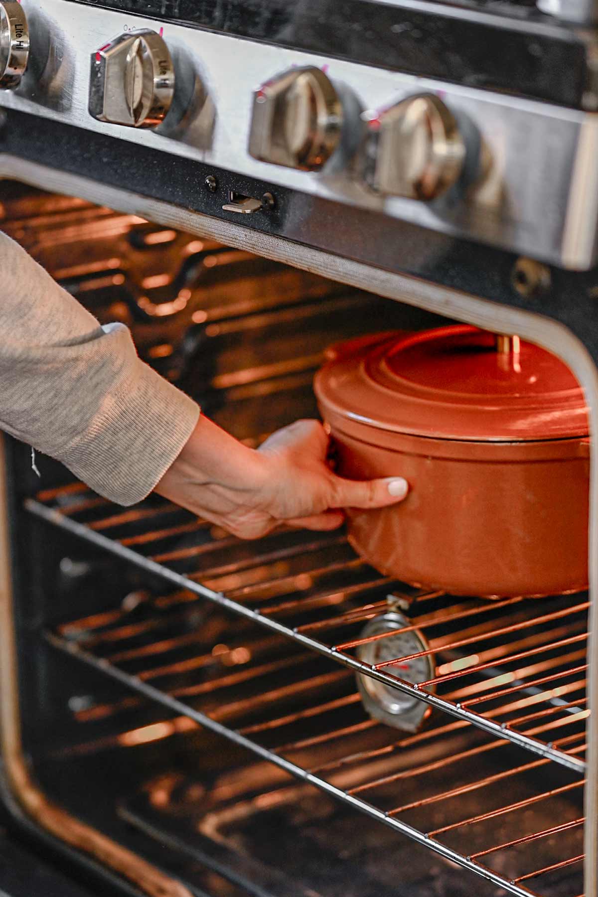 a hand pushing the Dutch oven into the oven.