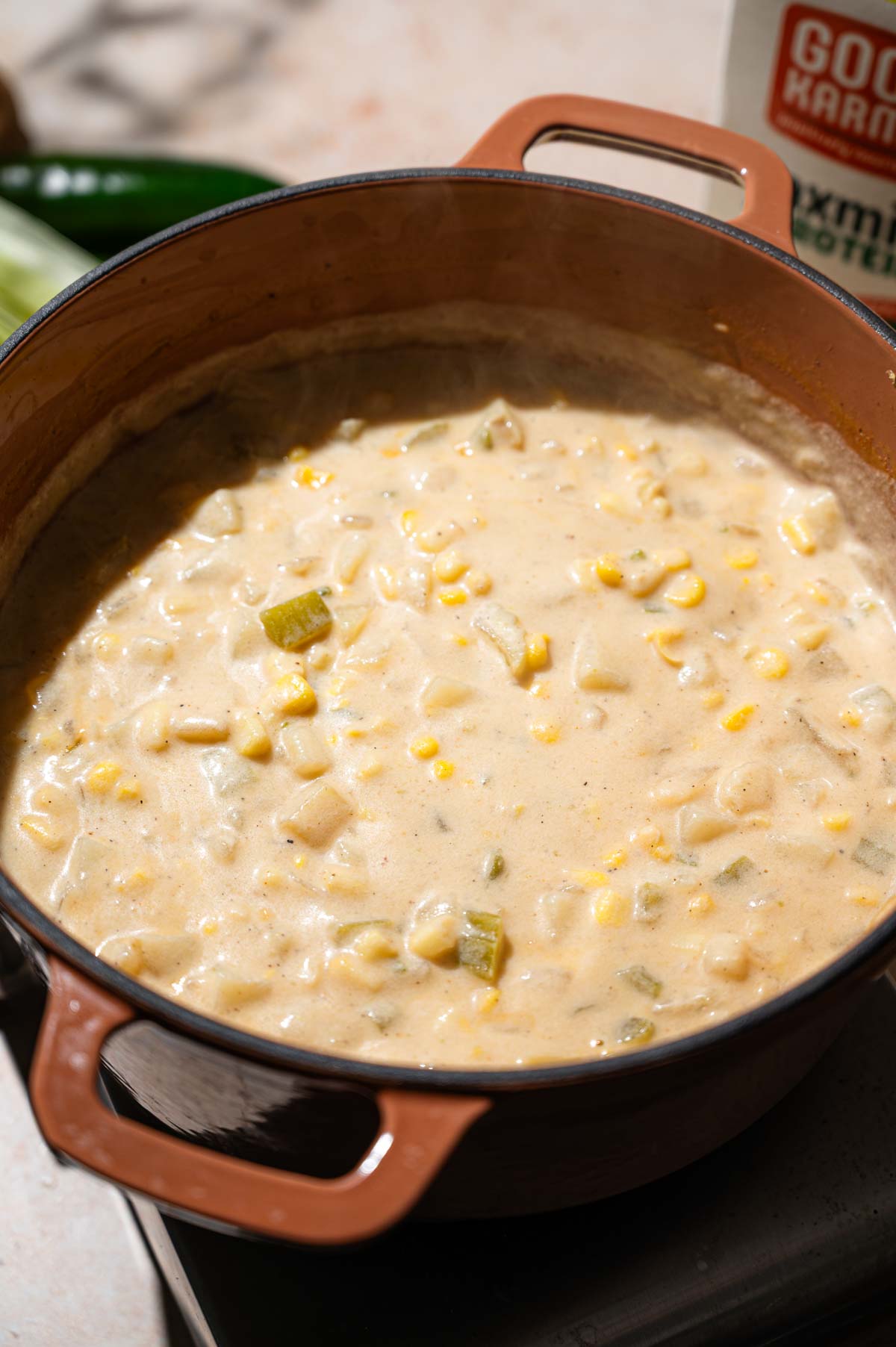 the simmering vegan corn chowder.