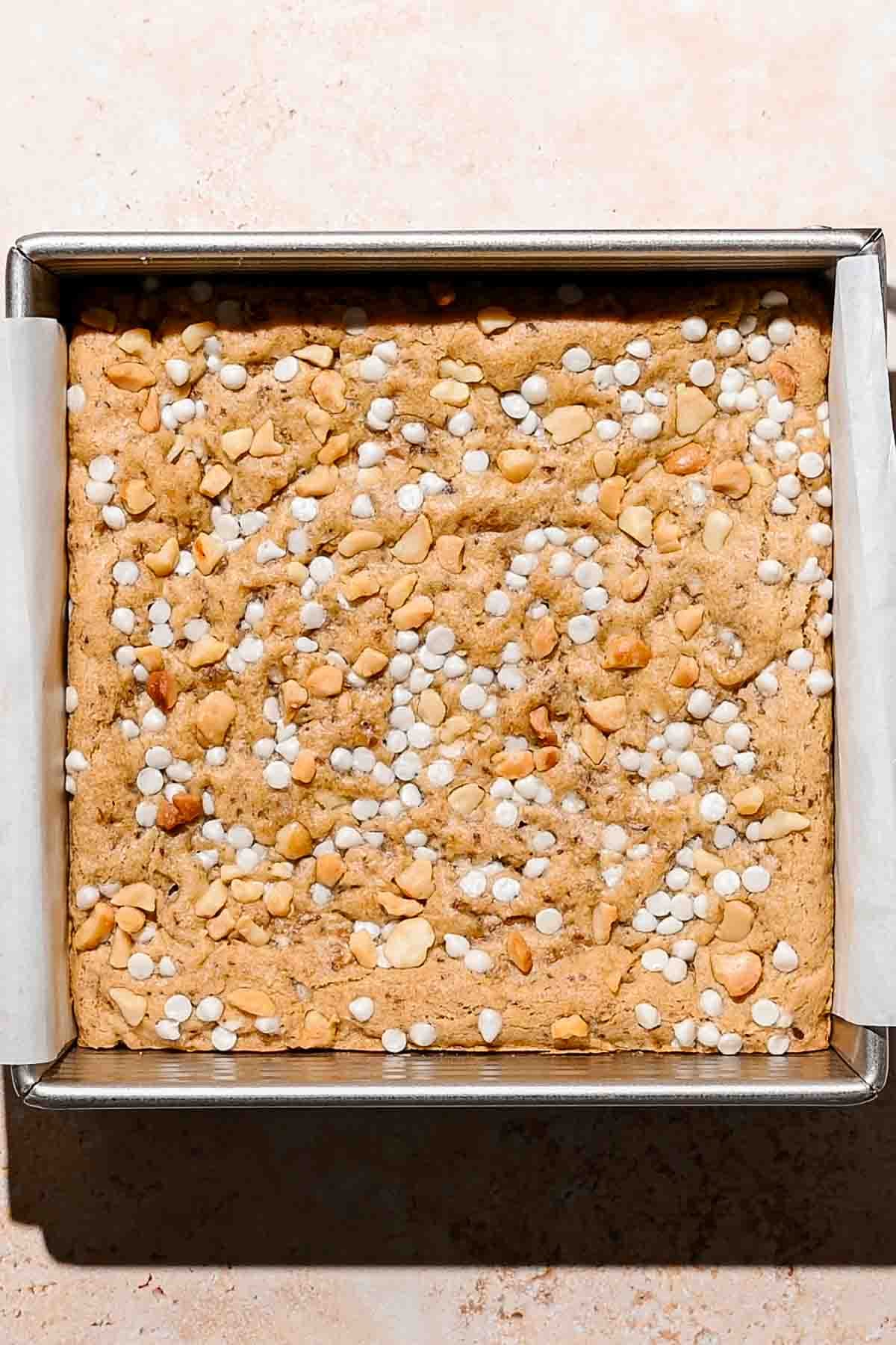the baked vegan blondies with white chocolate chips and macadamia nuts.