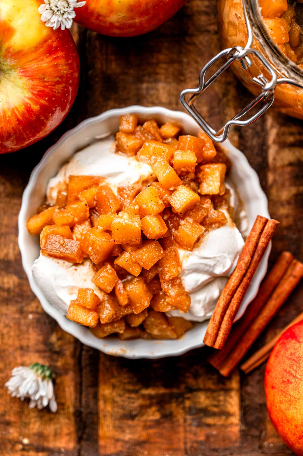 stovetop caramelized apples over dairy-free whipped cream.