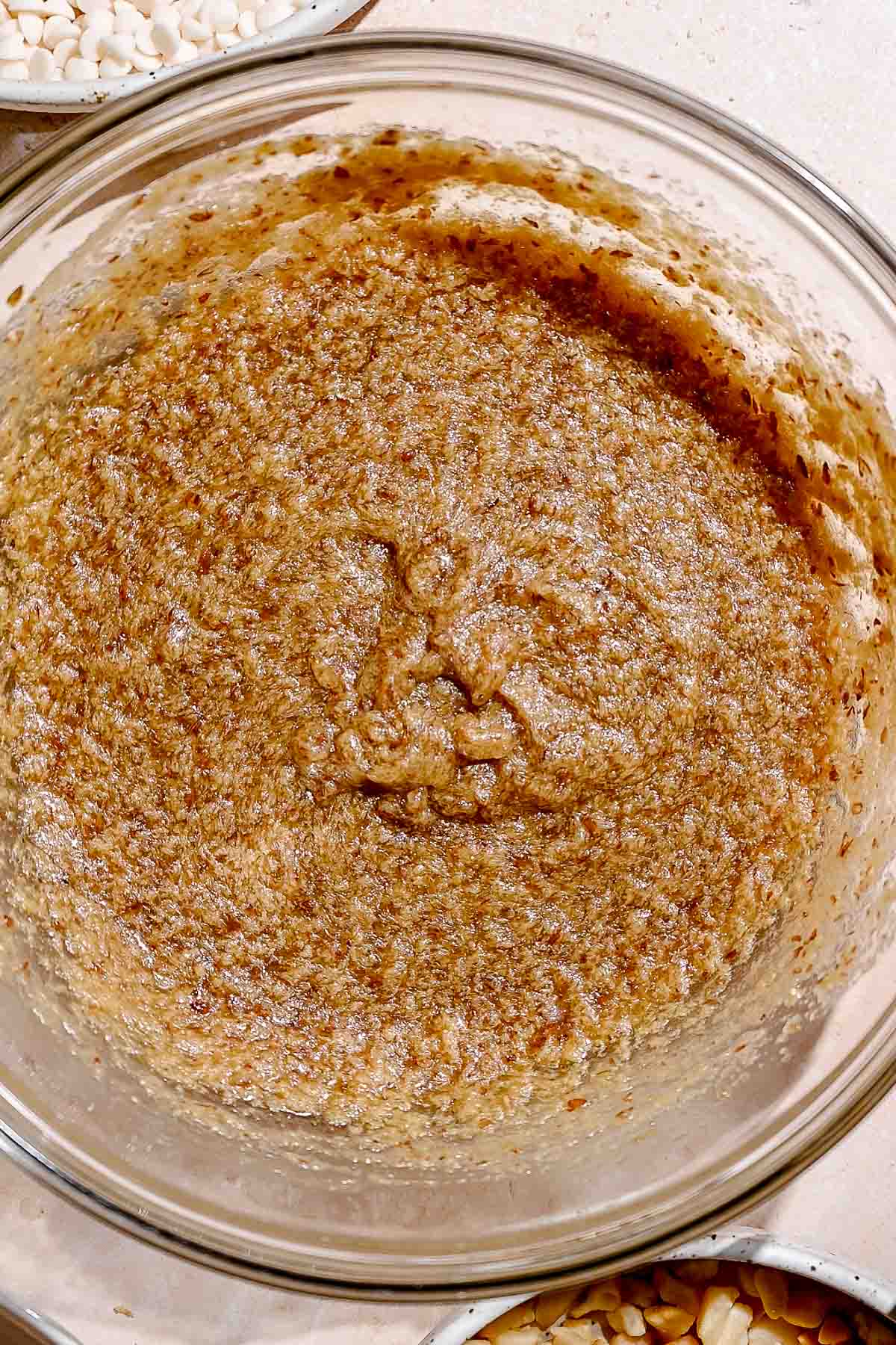 the whisked wet ingredients in a glass bowl.