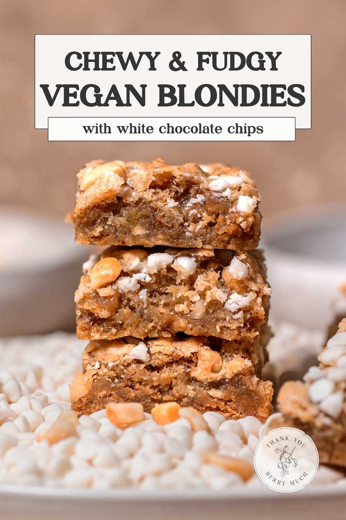 a close up image of the vegan blondies stacked on each other with text describing the recipe.