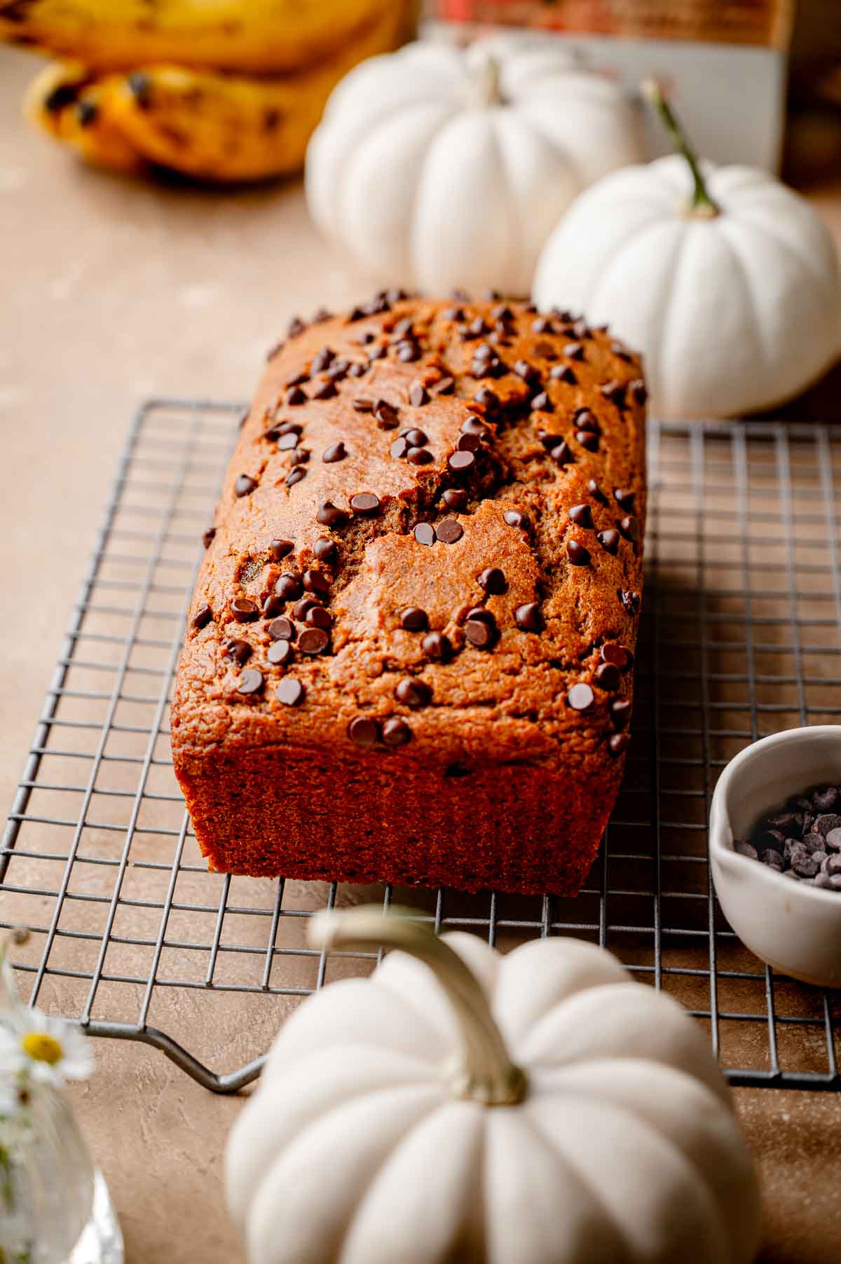 the vegan pumpkin banana bread with chocolate chips on a cooling rack.