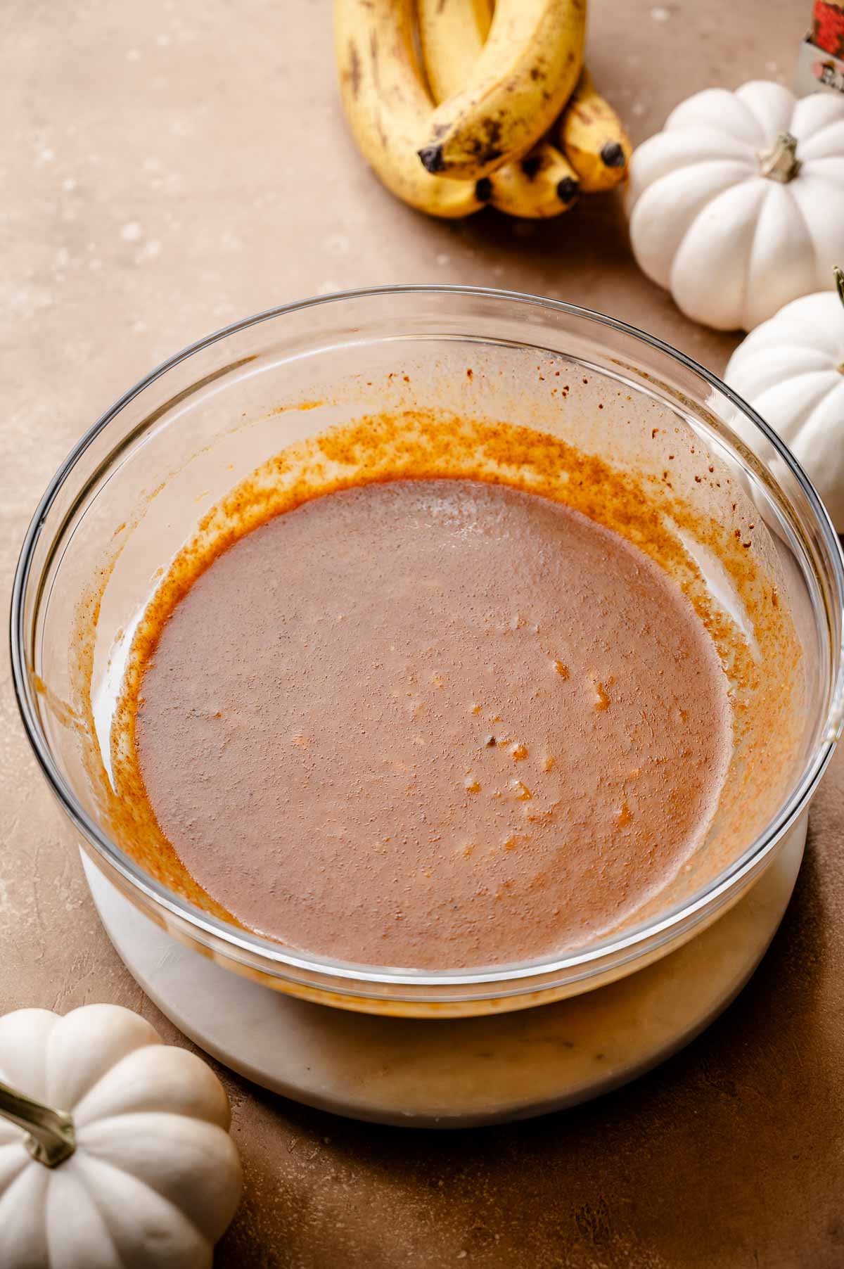 the whisked wet ingredients in a large glass bowl.