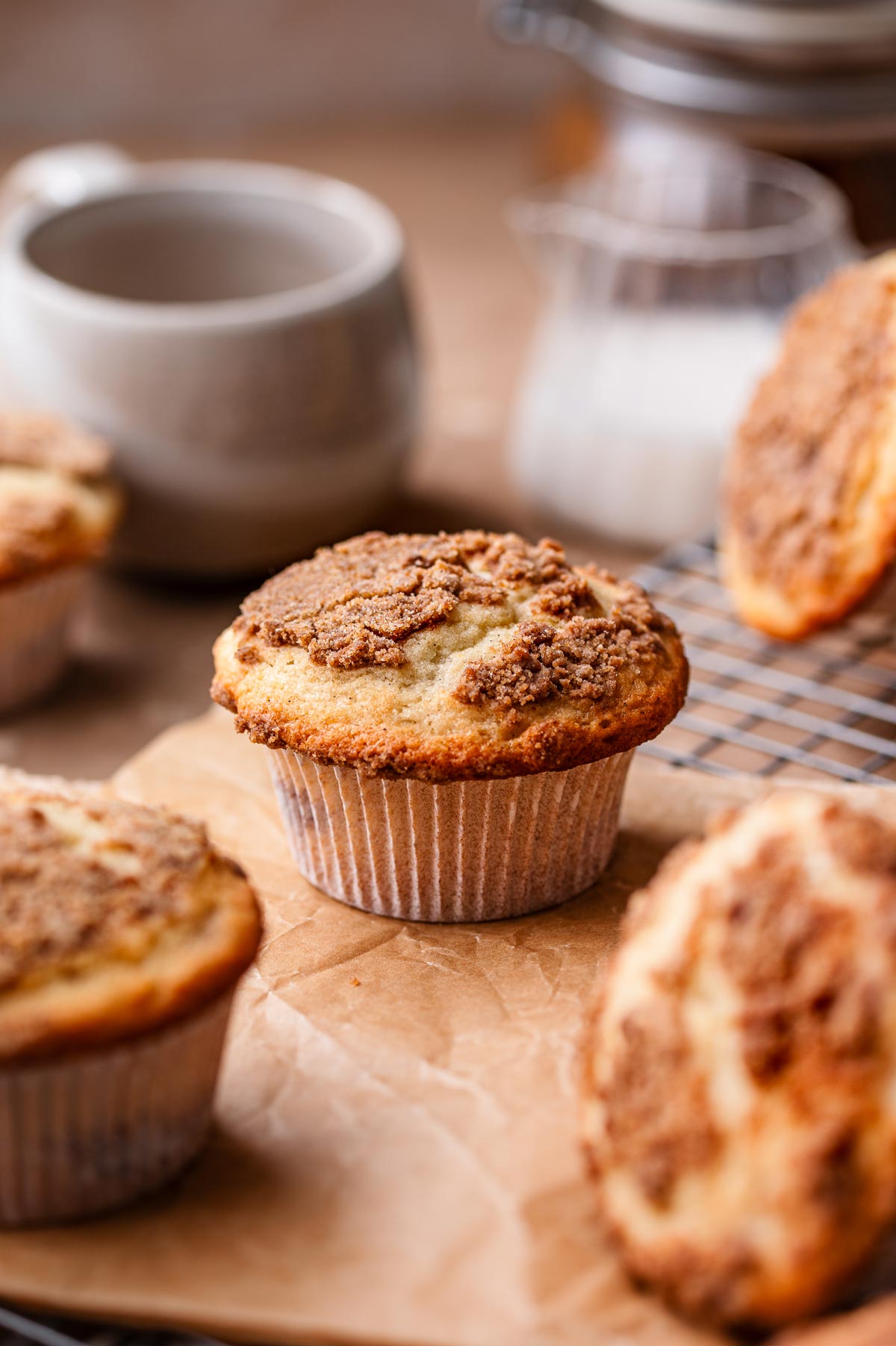 vegan coffee cake muffin on parchment paper.