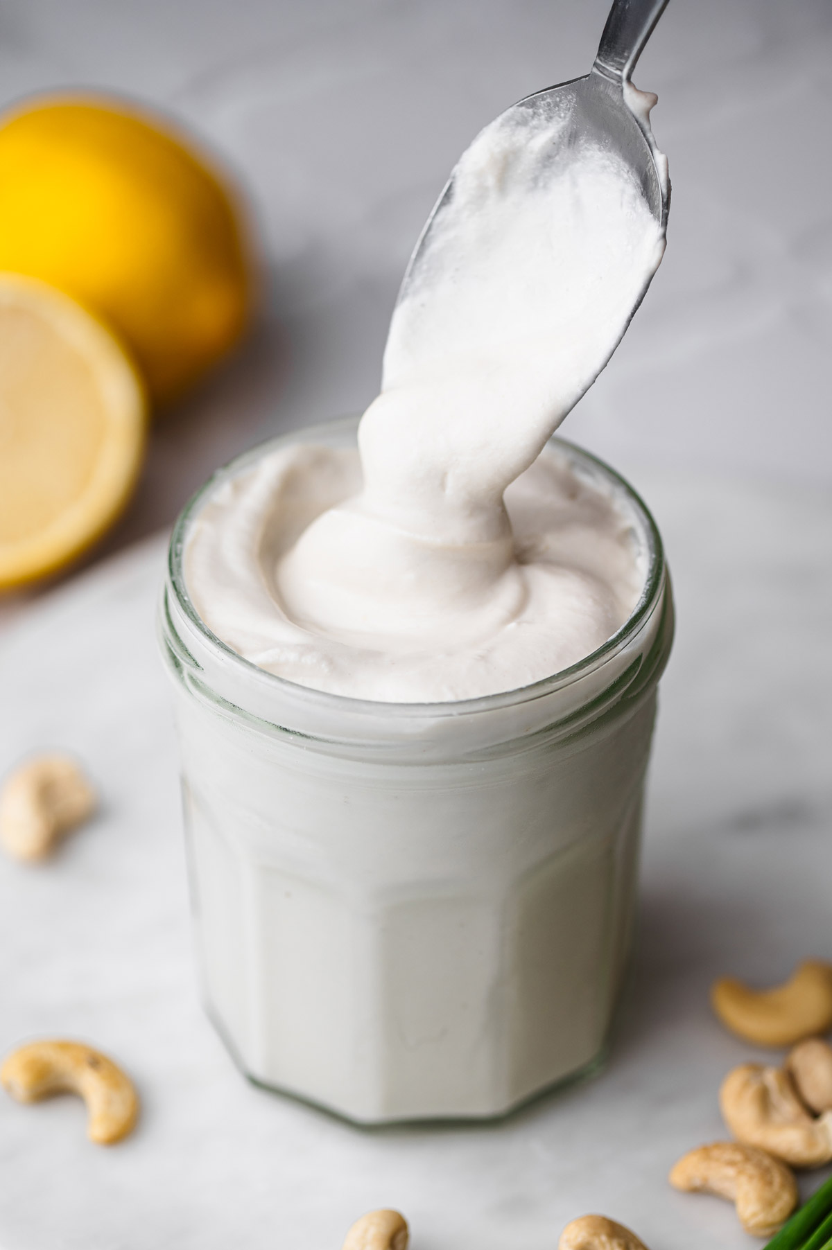 the blended cashew sour cream after chilling.