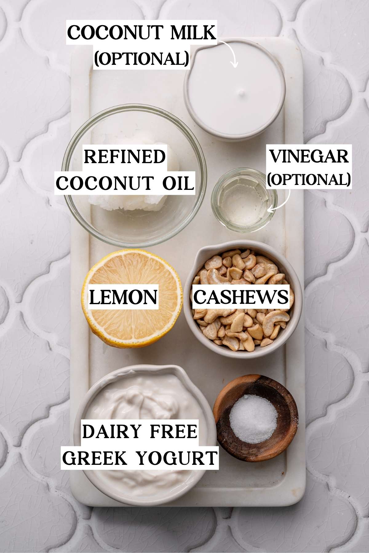 ingredients like cashews, lemon and vegan yogurt.